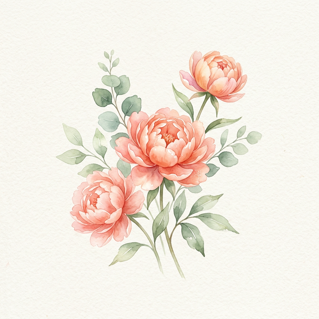 Pivoines rose corail générées en aquarelle par IA sur papier crème